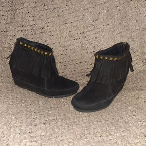 ASH-Black Suede Fringe Hidden Wedge Studded Moccasin Booties-Sz 37-Excellent